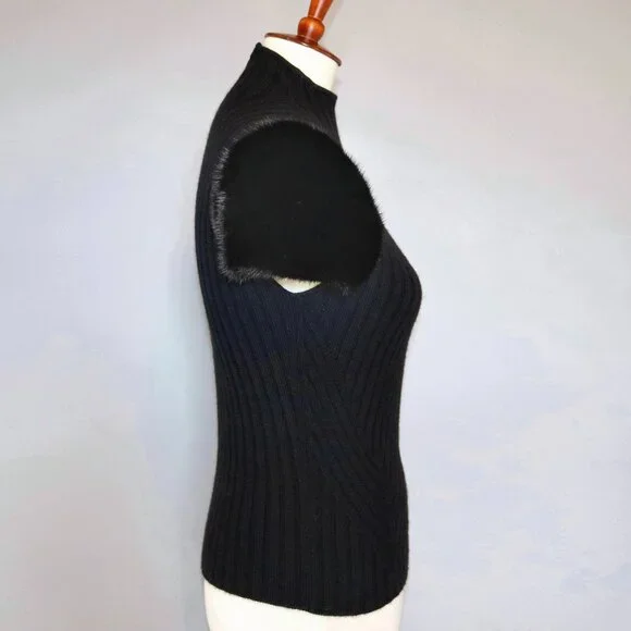 Valentino Black Cashmere Wool Sweater Genuine Fur Short Sleeve Mock neck Top
